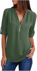 T-shirt amincissant à fermeture éclair pour femmes, à porter au quotidien, manches trois quarts, tunique unie, style confortable - Product Image 4