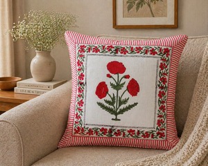 Artisan Red Flower Cotton Cushion Cover Hand Block Style <b>Square</b> <b>Pillow</b> Cover for Living Room Styling - Product Image 5