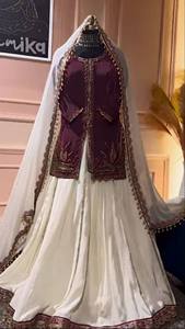 Indian Pakistani Wedding Lehenga Set for <b>Women</b> Maroon Embroidered <b>Waistcoat</b> White Dupatta Floor Length Natural Crep Silk Quick - Product Image 4