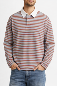Polo de Alta Calidad, Corte Holgado, Unisex, 100% Algodón, Rayas, Puños Acanalados, Manga Larga, Estilo Casual Vintage, Talla Grande - Product Image 1