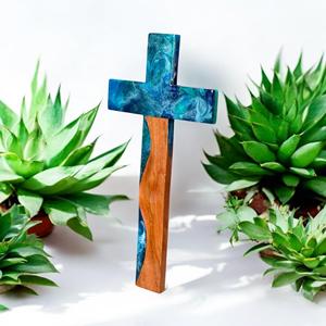 Croix murale en bois artisanale de luxe avec résine époxy bleue, décoration religieuse chrétienne pour la maison, l'église, la prière, cadeau artisanal - Product Image 1