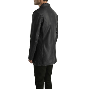 <b>Men's</b> <b>Black</b> Genuine Leather Single Breasted Trench Coat Notched Lapel Long <b>Overcoat</b> - Product Image 3