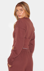 Ensemble de survêtement couleur marron en gros, coupe ample à manches longues, taille à cordon, tenue décontractée d'automne avec poches latérales - Product Image 3