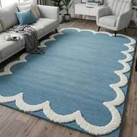 Premium Modern Blue Wool/Silk Area Rug Scalloped Border Contemporary Tufted Non-Slip PET Friendly Handmade Floral Low Pile Home
