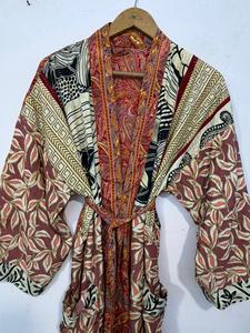 Bata de dormir de verano para mujer, larga, con estampado patchwork, transpirable, suave, cuello en V, manga tres cuartos, de tela no tejida, 100% seda - Product Image 6