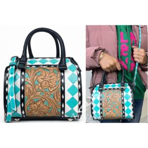 Sac à main en cuir véritable fait main pour femme, style western, avec motif à carreaux turquoise, sac Speedy et sac bandoulière, sac de voyage de créateur - Product Image 1