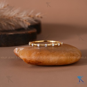 <b>Dainty</b> Spaced Lab Grown Round Brilliant Cut Yellow Solid Gold Wedding Band Station <b>Ring</b> Minimalist Fine Jewelry - Product Image 1