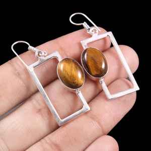 Pendientes de Ojo de Tigre Natural, Plata de Ley 925, Pendientes Colgantes Delicados, Joyería de Piedras Preciosas Hecha a Mano, Regalo de Navidad - Product Image 5