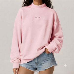 Women's Pink <b>Mock</b> <b>Neck</b> Sweatshirt Embroidered Logo Oversized Full Sleeve Knitted Cotton Winter Streetwear Casual <b>Top</b> - Product Image 1