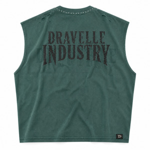 Boxy Cut Off Shirt, Washed Cotton Jersey Streetwear Tank <b>Top</b> with Rhinestone Collar, Distressed Details & Cracked Logo Print - Product Image 4