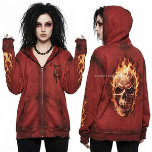 Sweat à capuche zippé épais 500 GSM rouge délavé à l'acide pour femme, avec imprimé flamme sur les manches et motif crâne flammé, style streetwear motard vieilli - Product Image 1