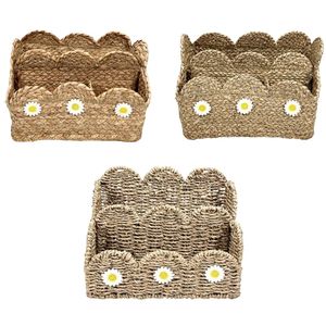 Scalloped Natural Seagrass <b>Storage</b> <b>Baskets</b> With Daisy Embellishments <b>Rectangular</b> Multi-Purpose Organizer Rustic Style - Product Image 1