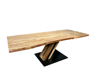 Table de salle à manger en bois d'acacia massif de 55 mm d'épaisseur avec bord naturel, style industriel moderne, base à piétement unique, pour cuisine et restaurant - Product Image 4