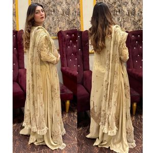 Ensemble Kurti Plazzo en Georgette Premium avec broderie Zari et sequins épais, doublure micro, et dupatta à volants de créateur - Product Image 1