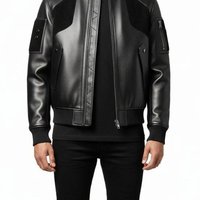 Blouson Bomber Homme en Cuir de Vachette Véritable Écologique Coupe-Vent Style Moto Col Rabattu Fermeture Éclair Noir Uni