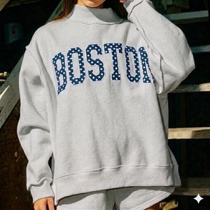 Sudadera Boston con Cuello Redondo Bordado para Mujer, Talla Grande, Azul, Algodón, Estilo Casual Otoñal, Manga Larga, Tejido de Punto - Product Image 3
