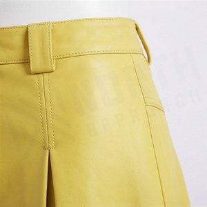 Women Faux Leather A-Line Mini <b>Skirt</b> <b>Pleated</b> Solid <b>Yellow</b> Regular Waistline Shiny Style All Seasons - Product Image 5