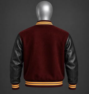 Blouson universitaire homme bordeaux et noir avec manches en cuir personnalisées, style Letterman, streetwear universitaire, boutons-pression, tricot côtelé, vêtements OEM - Product Image 2