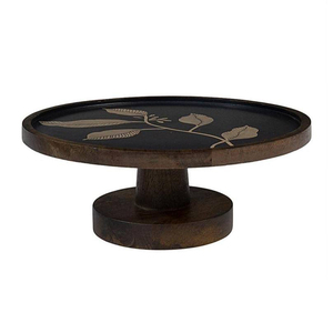 Support à gâteau en bois foncé avec motif de feuille incrusté, élégant plateau de service conçu pour des présentations de desserts luxueuses et stylées - Product Image 1