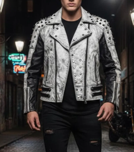 Blouson de motard en cuir clouté gris délavé personnalisé pour homme, manches noires, clous métalliques, style gothique punk rock, streetwear - Product Image 4