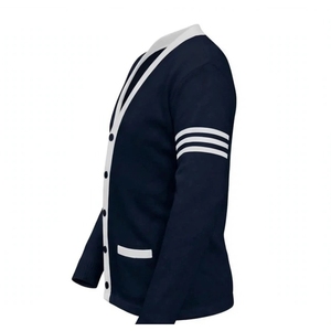 Custom Logo Wholesale <b>Women</b> Preppy V-Neck Knit <b>Cardigan</b> <b>Navy</b> Blue Contrast Trim Button Up Sweater with Sleeve Stripes - Product Image 3