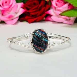 Brazalete de Plata de Ley 925 con Gema de Calsilica Arcoíris, Brazalete de Plata Hecho a Mano, Regalo de Compromiso, Joyería - Product Image 5