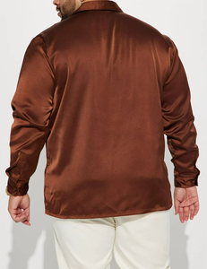 Wholesale Chocolate Men Long Sleeve <b>Satin</b> Shirt Custom Big Tall <b>Blouse</b> Support Custom Many Colors 100% Polyester Button up Shirt - Product Image 2