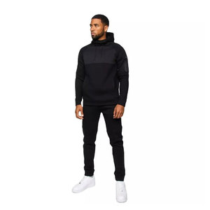 Men's Black Hooded Tracksuit Full Sleeve Casual Sweatshirt Pants Set Breathable Polyester Autumn Wear Solid Color Design - Product Image 1