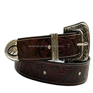 Ceinture d'outillage en cuir de vachette véritable personnalisée OEM pour hommes et femmes avec ensemble de 3 boucles en laiton antique gravées à motifs floraux - Product Image 2