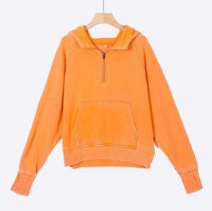 Custom Wholesale Vintage Wash <b>Pink</b> Half-Zip Hoodie Casual Fleece <b>Sweatshirt</b> with Kangaroo Pocket and Raglan Sleeves for Women - Product Image 3