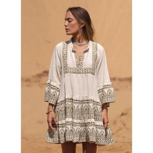 Women Boho Embroidered Eco-Friendly Plain Dyed Knee-Length Loose Fit V Neck Solid Plaid Long Sleeve Natural Waist Sashes <b>Beach</b> - Product Image 1