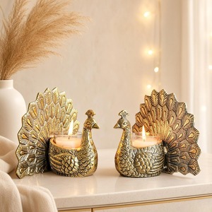 Ensemble de 2 bougeoirs en forme de paon doré, figurines d'oiseaux en aluminium, décoration bohème durable pour la maison, décoration de table - Product Image 5