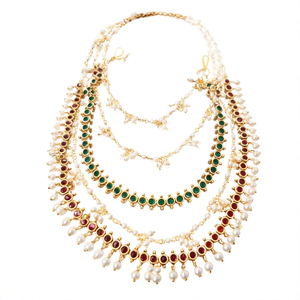 24K Gold Plated Bridal Earring Set-Designer Clover Champaswaralu with Pearls - Product Image 2