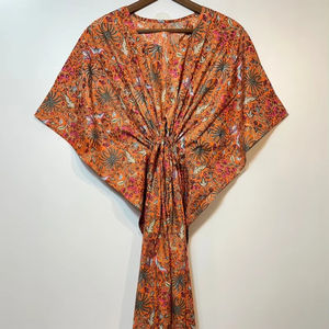 Nuevo Kaftán con Estampado Animal, Cuello en V, Cordón Ajustable, Estilo Flare, de Algodón Suave Indio, con Encaje, Largo, para Playa o Dama de Honor - Product Image 1