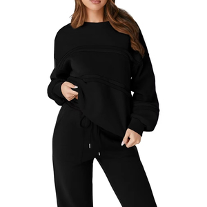 Ensemble de survêtement tricoté noir pour femme, col rond, manches longues, coupe ample, tenue décontractée, deux pièces, couleur unie - Product Image 2