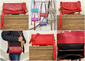 Cartera Cruzada de Cuero Genuino Hecha a Mano para Mujer, con Grabado Floral, Ranuras para Tarjetas, Correa de Muñeca y Bolsillo con Cremallera - Product Image 3