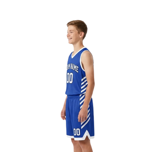 Ensemble d'uniformes de basketball personnalisés pour hommes, bleu roi et blanc, maillot sans manches à col rond, short avec rayures latérales imprimées, kit de vêtements d'équipe en gros - Product Image 4