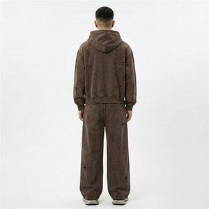 Ensemble de survêtement marron vieilli personnalisé avec sweat à capuche zippé et pantalon évasé, finition délavée à l'acide, tissu doux, élégant, pour unisexe - Product Image 3