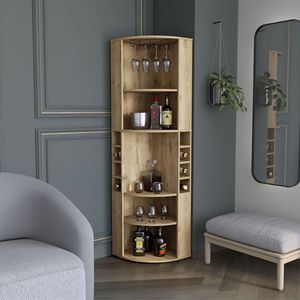 Oban <b>Corner</b> <b>Bar</b> Cabinet with Five Shelves & Eight Bottle Cubbies Featuring Steamware Macadamia - Product Image 1