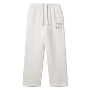 <b>Men's</b> <b>White</b> Cotton Woolen Straight Mid Waist Drawstring Sweatpants with Pockets Right Leg Logo Waterproof Autumn Wear - Product Image 1