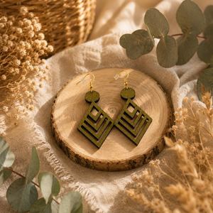 Boucles d'oreilles géométriques en bois avec crochets dorés, forme losange vert olive, apprêts de bijoux fantaisie pour la création et les accessoires - Product Image 6