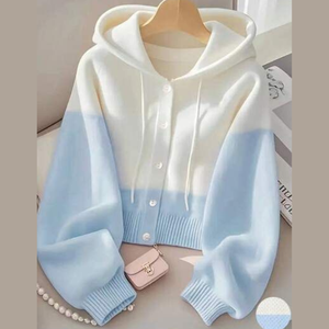 เสื้อสเวตเตอร์ถักมีฮู้ดสำหรับผู้หญิง สีไล่ระดับ แขนยาว สวมใส่สบายๆ ในฤดูใบไม้ร่วง สีขาว สีฟ้า ติดกระดุม ความยาวปกติ - Product Image 1