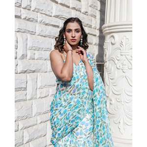 Sari en Georgette et Chiffon Bleu Floral, Doux et Résistant, Toutes Saisons, Élégant, Imprimé avec des Volants - Product Image 5