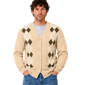Cárdigan de punto beige para hombre con cuello en V, diseño de rombos, botones frontales, mangas largas, estilo clásico informal, tejido suave. - Product Image 3