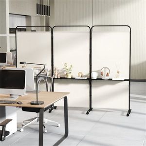 Divisorio Pieghevole Personalizzabile a 3 Pannelli in Bambù e Tela con Ruote Bloccabili e 3 Ripiani Metallici, Schermo Divisorio Bianco per Stanze - Product Image 5