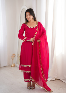 Exclusive Fendy Silk <b>Kurti</b> Set With Real Mirror Lace Work Designer Palazzo Dupatta Ethnic Wear Collection Fully Stitched Women - Product Image 2