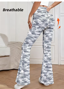 High Waist <b>Camouflage</b> Flare Pants Women's Sporty Yoga Pants Full Length Elastic Waist Printed Activewear Bottoms Summer Style - Product Image 3
