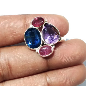 Bague Statement en Argent Sterling 925 avec Cyanite Bleue Naturelle, Améthyste, Rubis Rose, Grenat et Multiples Pierres Précieuses, Style Bohème, Sertissage Clos - Product Image 4