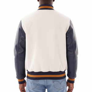 Veste universitaire pour homme avec logo personnalisé, blanche et bleu marine, avec bordure orange, col rabattu, coupe classique, en PU, logo personnalisé sur le devant - Product Image 3