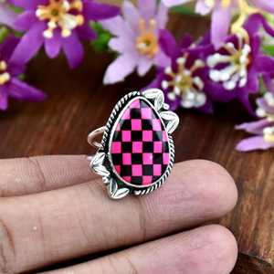 Black Pink Checkerboard Onyx Gemstone Ring 925 Sterling Silver Mosaic Inlay Band For <b>Chess</b> Lover Fine Ring Jewelry <b>Gift</b> - Product Image 2